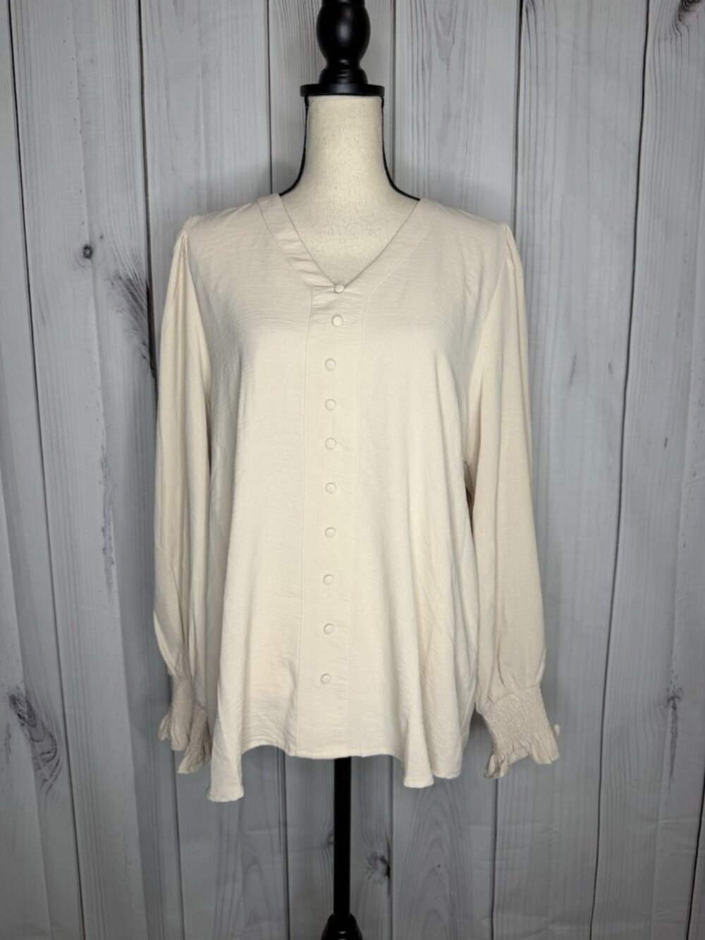 Jodifl Beige Long Sleeve Faux Button Down Blouse Sz L V-Neck Smocked Sleeves